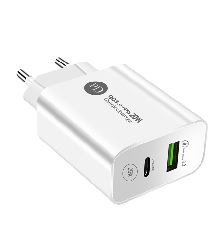 Incarcator Rapid PD QC3.0, Flippy, 2 Porturi, USB + Type C, 20W, Incarcare Rapida, Protectie Supraincalzire, 9.5 x 5.3 x 5.8 cm, Alb