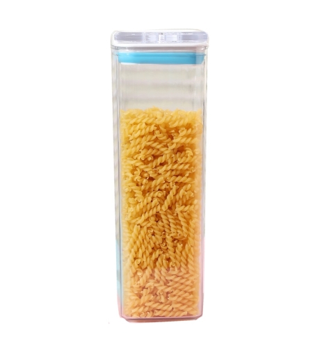 Cutie de Depozitare Alimente, Flippy, tip Container, 1.9L, 10x10x30.5 cm, Recipiente pentru Cereale in Bucatarie,  Transparente cu Capac Alb-Albastru