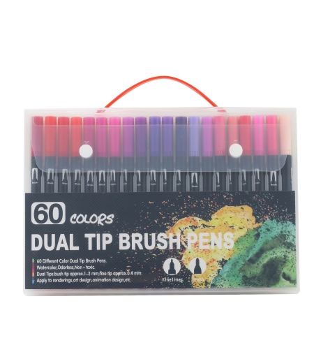 Set 60 Carioci, Flippy, pe Baza de Apa, 2 Tipuri de Varf, 1-2 mm, 0.4 mm, Corp Carioca Negru, din Plastic, Multicolor