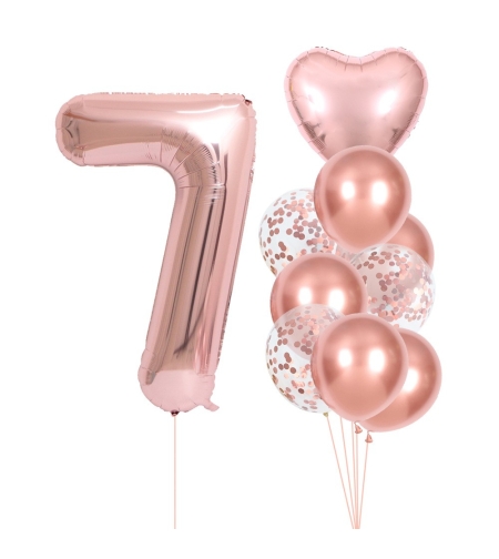 Set 10 Baloane Folie si Latex, Flippy, Tematica Aniversare, Baloane Latex 25cm, Figurina Inimioara 45 cm, Cifra 7 de 81 cm, Ambalaj Individual, Pai Inclus, Umflare cu Aer sau Heliu, Roz Pal