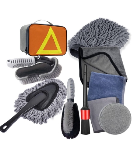 Set 10 Piese pentru Spalat Auto, Flippy, din Plastic si Microfibra, Perii si Lavete, Model C, Gri