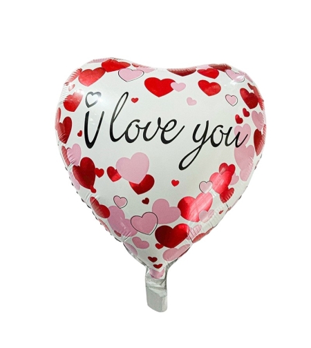 Balon din Folie Metalizata, Flippy, Figurina Inimioara, Model I LOVE YOU, Tematica Iubire, 45 cm, Ambalaj Individual, Pai Inclus, Umflare cu Aer sau Heliu, Rosu