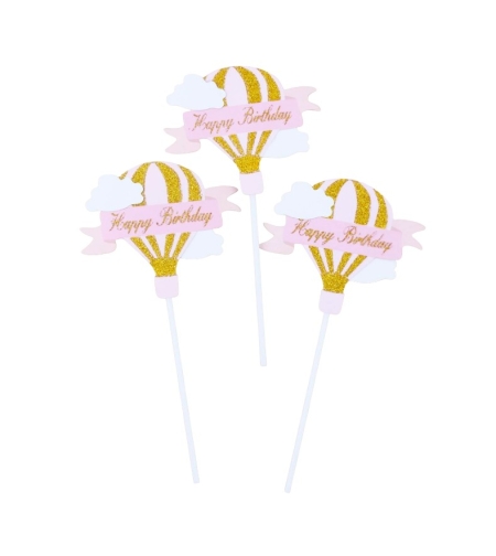 Set 3 Toppere pentru Tort, Flippy, Model Balon cu Aer Cald Happy Birthday, Tematica Aniversare, Roz
