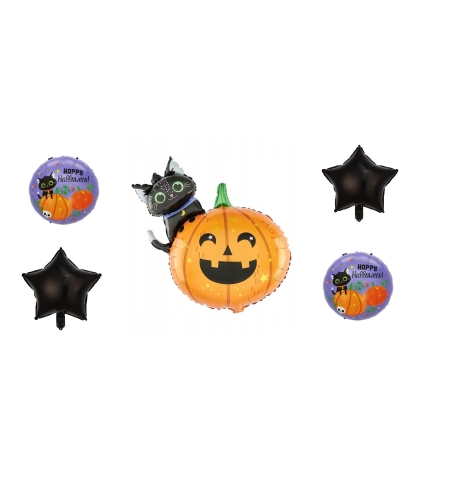 Set 5 Baloane din Folie Metalizata, Flippy, Figurine, Tema Halloween, Pai Inclus, Ambalaj Individual, Umflare cu Aer sau Heliu, Figurina Dovleac si Pisica 84x69 cm, Stelute si Cerculete 45 cm, Multicolor