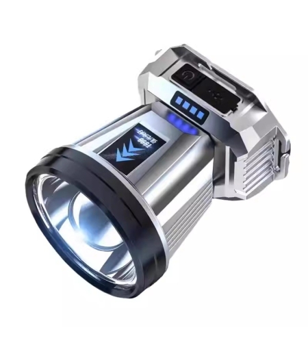 Lanterna Power Bank LED, Flippy, cu Suport pentru Cap, Incarcare USB, Raza 100-200m, 5W, 3 Trepte de Lumina, Afisaj Baterie, Argintiu