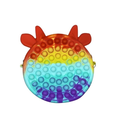 Jucarie antistres din silicon Flippy, Geanta Pop It, Vacuta, 16 cm, Curcubeu