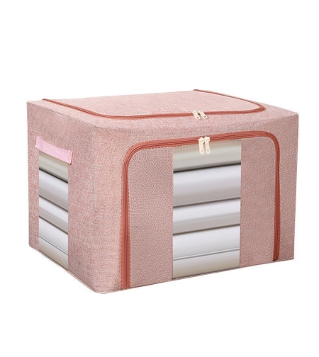 Cutie de Depozitare Pliabila, Flippy, 66 L, din Bumbac si In, 50x40x33 cm, 2 Ferestre, Frontala si Laterala, 2 Usi de Acces cu Fermoar Bidirectional, Cadru Metalic, Suport Baza Stabil din Plastic, Roz Pudrat