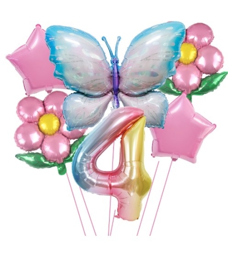 Set baloane aniversare cu numere, din folie de aluminiu, 6 piese, 2 flori, 2 stelute, 1 fluture, 1 cifra, Multicolor, Cifra 4