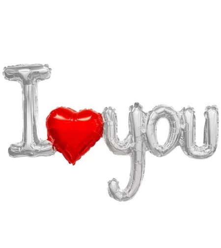 Balon din Folie Metalizata, Figurine Litere si Inima, Model I Love You, Tema Ziua Indragostitilor, 54x97 cm, Ambalaj Individual, Pai Inclus, Umflare cu Aer sau Heliu, Argintiu/Rosu