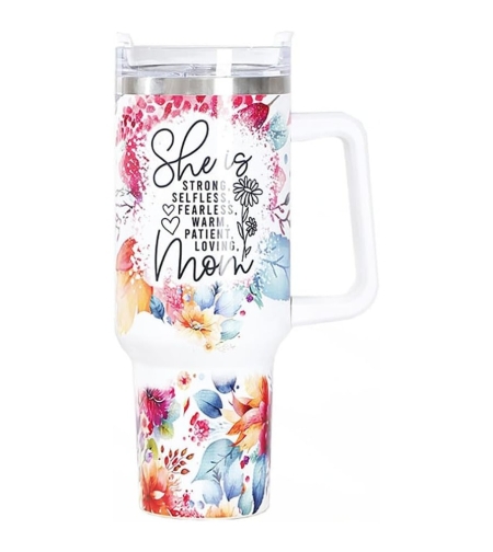 Cana Termos din Plastic, Flippy, pentru Bauturi Calde si Reci, cu Maner, Imprimeu Floral, cu Mesaj pentru Mama, Alb, 10x7.6x27.5 cm