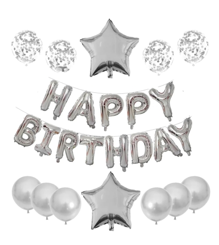 Set 25 de Baloane din Folie Metalizata si Latex, Flippy, Figurine 2 Stele, 4 Baloane Confetti, 13 Litere, 6 Latex, Model Happy Birthday, Tema Aniversare, 40 cm, Ambalaj Individual, Pai Inclus, Umflare cu Aer sau Heliu, Argintiu