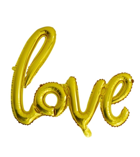 Balon din Folie Metalizata, Flippy, Model Love scris de mana, 102x65 cm, Tematica Ziua Îndrăgostiților, Ambalaj Individual, Pai Inclus, Umflare cu Aer sau Heliu, Auriu