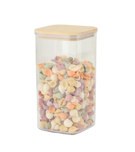 Cutie de Depozitare Alimente, Flippy, Cutie de tip Container, Cutie pentru Cereale, din Plastic, Capac din Bambuc, 10 x 10 x 19 cm, Volum 1.2l, Transparent