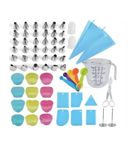 Set 63 Piese Ustensile pentru Ornare Prajituri, Flippy, din Plastic si Otel Inoxidabil, Forme Briose, Multicolor