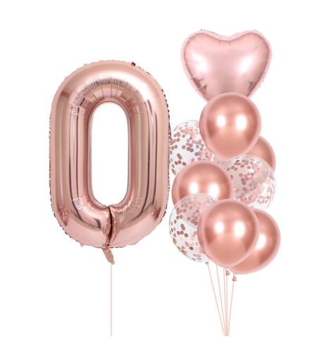 Set 10 Baloane Folie si Latex, Flippy, Tematica Aniversare, Baloane Latex 25cm, Figurina Inimioara 45 cm, Cifra 0 de 81 cm, Ambalaj Individual, Pai Inclus, Umflare cu Aer sau Heliu, Roz Pal