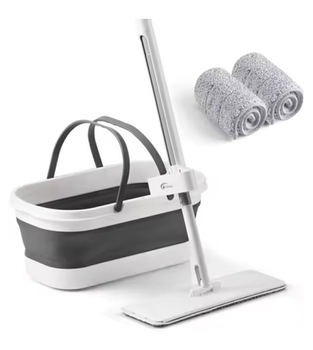 Mop Plat, Flippy, cu Galeata Pliabila, 2 Rezerve din Microfibra, 127 cm Tija Telescopica, Utilizare Umeda/Uscata, Recipient Lichid, Gri