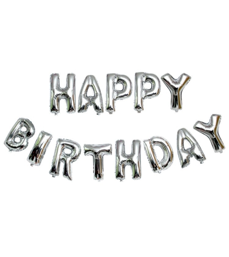 Set 13 Baloane Folie, Flippy, Tip Ghirlanda, Model Happy Birthday, 40 cm, Argintiu