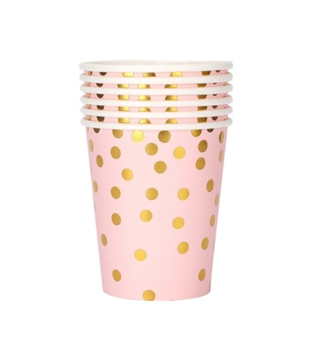 Set 10 Pahare, Flippy, Imprimeu cu Buline, din Carton, 250 ml, 7.5 x 8.5 x 5.2 cm, Roz/Auriu