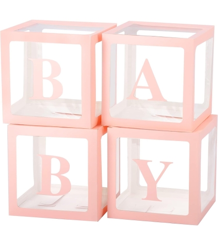 Set 4 Cutii pentru Baloane, Flippy, Model Scris Baby, Tematica Iubire, Cuburi Decorative din Plastic, Accesorii pentru Petrecere, 30 x30 cm, Transparente Contur Roz