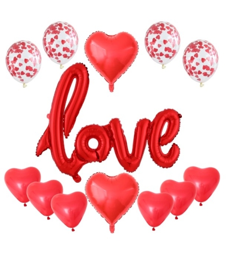 Set 13 Baloane din Folie Metalizata si din Latex, Flippy, Figurine Litere si Inima, Model Love, Tema Ziua Indragostitilor, Baloane Party cu Confetti, 102x65cm, 45 cm, 30 cm, Pai Inclus, Umflare cu Aer sau Heliu, Rosu