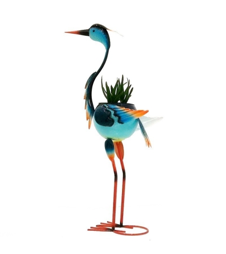 Decoratiune pentru Gradina, Flippy, Flamingo pentru Gradina cu Suport pentru Plante Flori, Ornament de Ghiveci de Flori, Model Flamingo, din Fier, 71 x 34 x 22 cm, Albastru