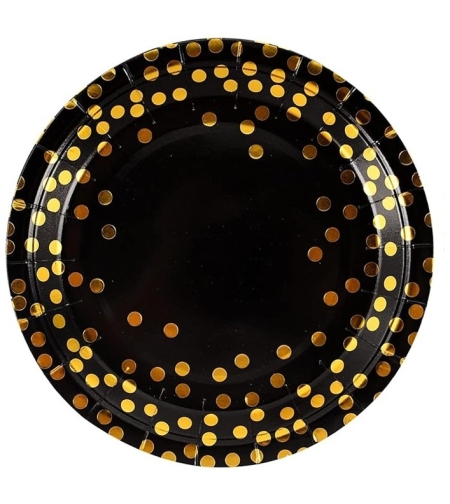 Set 10 Farfurii Unica Folosinta, Flippy, Imprimeu cu Buline, din Carton, Diametru 23 cm, Negru/Auriu
