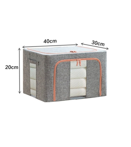 Cutie de Depozitare Pliabila, Flippy, 24 L, din Bumbac si In, 40x30x20 cm, 2 Ferestre, Frontala si Laterala, 2 Usi de Acces cu Fermoar Bidirectional, Cadru Metalic, Suport Baza Stabil din Plastic, Gri