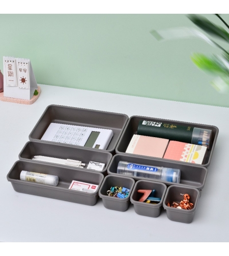 Set 8 cutii depozitare, pentru sertar, cosmetice, ustensile bucatarie, textile, plastic, gri, Flippy, 23.5 x 16 cm
