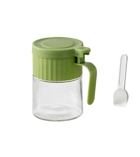 Recipient Condimente, Flippy, din Stilca, 180 ml, cu Maner si Lingurita, 10.6 x 7 x 7 cm, Capac Mat, Verde