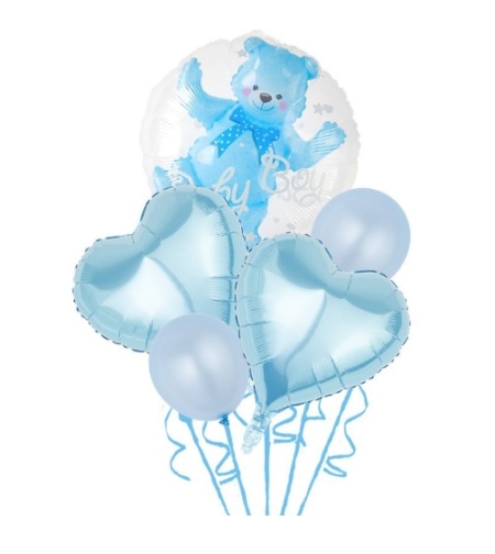 Set Baloane Aniversare, Flippy, set din 5 bucati, 1 bucata urs, 2 inimi folie, 2 simple din latex Baby Boy, 60 cm Albastru