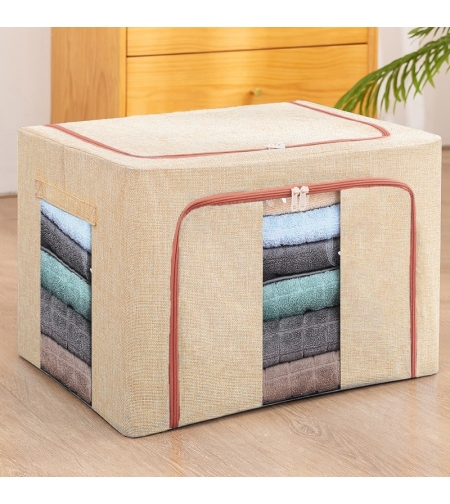 Cutie de Depozitare Pliabila, Flippy, 66 L, din Bumbac si In, 50x40x33 cm, 2 Ferestre, Frontala si Laterala, 2 Usi de Acces cu Fermoar Bidirectional, Cadru Metalic, Suport Baza Stabil din Plastic, Bej
