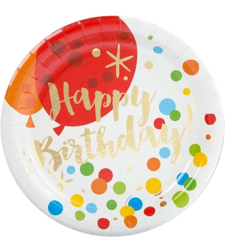 Set 10 Farfurii Unica Folosinta, Flippy, Imprimeu Happy Birthday Buline, din Carton, Diametru 18 cm, Multicolor
