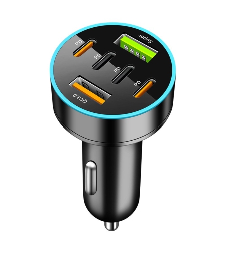 Incarcator Auto 6 in 1, Flippy, 2 x Port USB Fast Charge QC3.0 si 4 x Type C, PD 65W, Negru