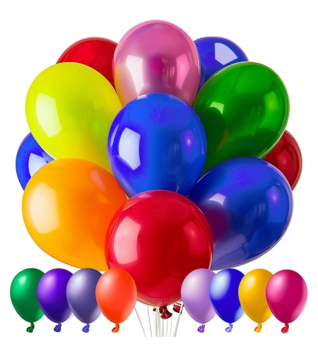Set 50 Baloane din Latex, Flippy, Model Party, Multicolor, 7x Albastru, 7x Verde, 7x Galben, 7x Mov, 7x Portocaliu, 7x Roz, 8x Rosu, 23 cm, 1.4 g