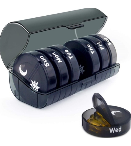 Cutie Depozitare Medicamente, Flippy, 7 Zile, 14 Compartimente, Cutie Suport, Recipiente Detasabile, Portabila, Negru, 17.5x11x9.5 cm
