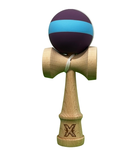 Kendama X Originala, Flippy, 18 cm, Profesionala, +9 Ani, din Lemn, Model cu Dunga, Mov/Albastru