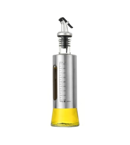 Sticla de ulei, Flippy, Sticla de Ulei din Otel Inoxidabil, Sticla pentru Lichide de Bucatarie, Sticla pentru Lichide de Gatit, 24.8 x 6.5 cm, volum 300 ml, Gri Transparent
