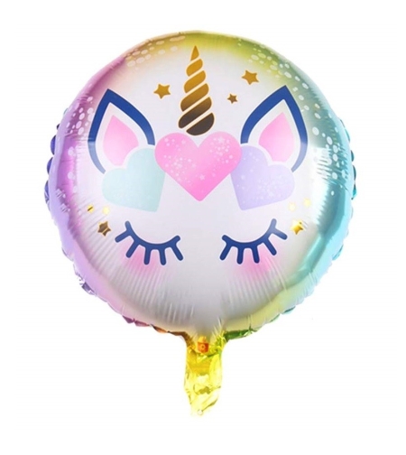 Balon din Folie Metalizata, Flippy, Mini Figurina Rotunda, Model Unicorn, Happy Birthday, Tematica Aniversare, 45 cm, Ambalaj Individual, Pai Inclus, Umflare cu Aer sau Heliu, Multicolor