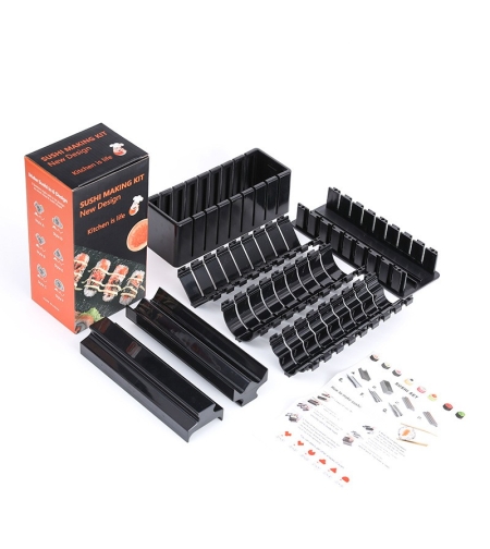 Aparat pentru Sushi, Flippy, Set 7 Accesorii pentru Sushi, Ofera 3 Forme de Design, Rotund, Triunghi, Inimioare, Negru