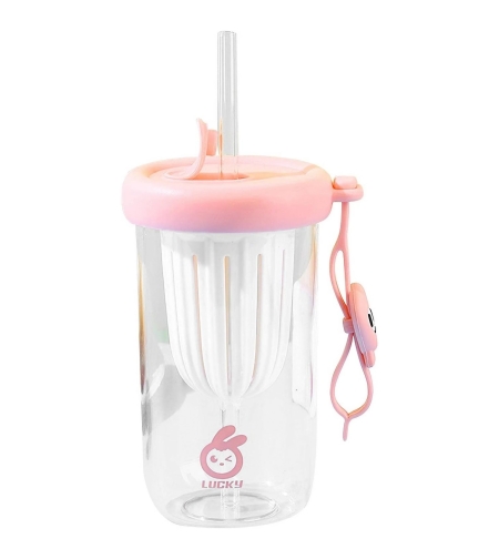 Pahar din silicon, cu capac si pai, pentru copii, Flippy, anti-cadere, compartiment pentru fructe/ceai/gheata, rezistent la temperaturi inalte, 500ml, Roz, 14.5x8.8x20 cm