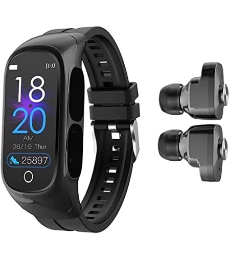 Ceas Smartwatch 2 in 1, cu Casti Bluetooth, N8 TWS, Plug in Lateral, Afisaj 1.47 inch, Rezolutie 172*320, Negru