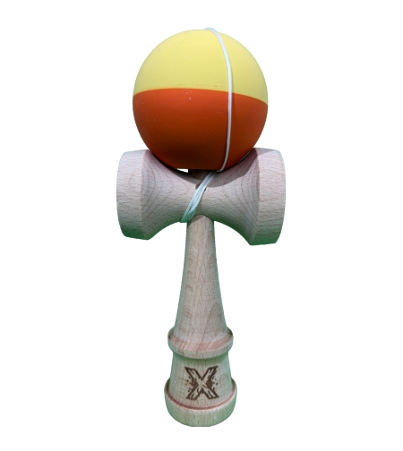 Kendama X Originala, Flippy, 18 cm, Profesionala, +9 Ani, din Lemn, Model 2 Culori, Galben/Portocaliu