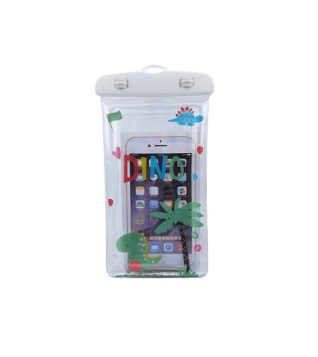 Husa subacvatica Glitter Kids Waterproof Flippy, Snowproof, Universala, cu Snur, pentru telefon sau documente, Dino, Alb