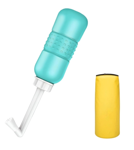 Bideu Portabil pentru Igiena Intima, Flippy, pentru Postpartum/ Postoperator, 450 mL, cu Capac si Husa Galbena, 29.5x7 cm, Culoare Recipient Verde