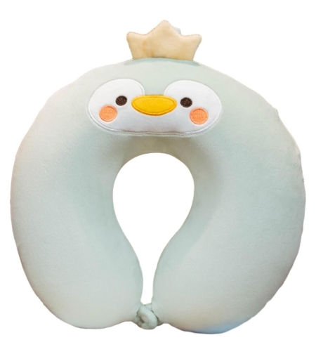 Perna de Calatorie in Forma de U, Flippy, Pentru Gat si Cap, Umplutura din Spuma cu Memorie, 30x30 cm, Model Pinguin, Accesoriu de Voiaj, Birou, Masina, Sistem Prindere Capse, Verde