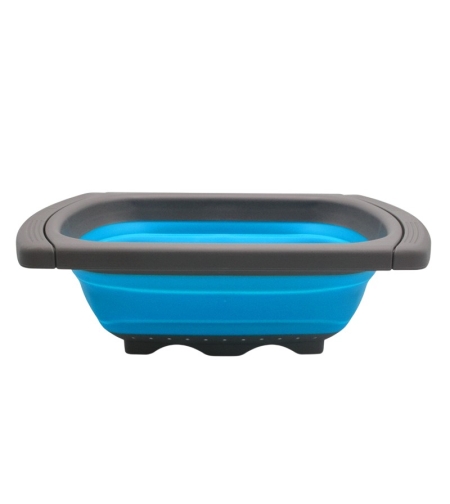 Cos de Scurgere Retractabil pentru Chiuveta, Flippy, cu Filtru, pentru Fructe si Legume, de Uz Casnic, 39x12 cm, Design Extensibil pana la 61 cm, cu Manere de Prindere, Albastru