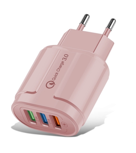 Incarcator Rapid QC3.0, Flippy, 3 Porturi USB, 2.1A, 18W, din ABS, Protectie Supraincalzire, Gama Macarons, Roz