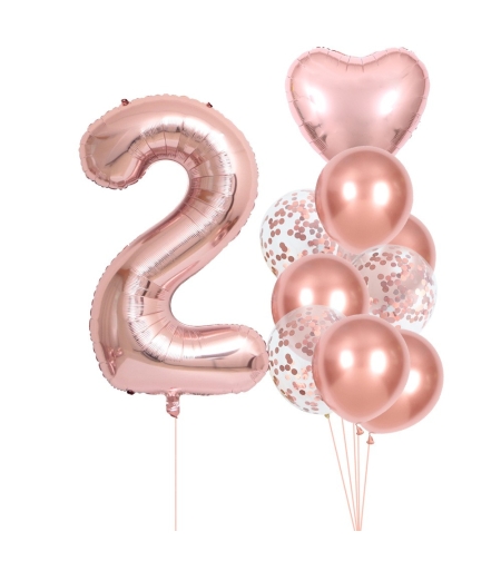 Set 10 Baloane Folie si Latex, Flippy, Tematica Aniversare, Baloane Latex 25cm, Figurina Inimioara 45 cm, Cifra 2 de 81 cm, Ambalaj Individual, Pai Inclus, Umflare cu Aer sau Heliu, Roz Pal
