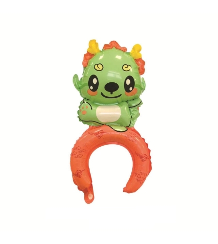 Balon din Folie Metalizata, Flippy, Tip Coronita, Model Dragon, Ambalaj Individual, Pai Inclus, Umflare cu Aer sau Heliu, 49 x 27.5 cm, Verde