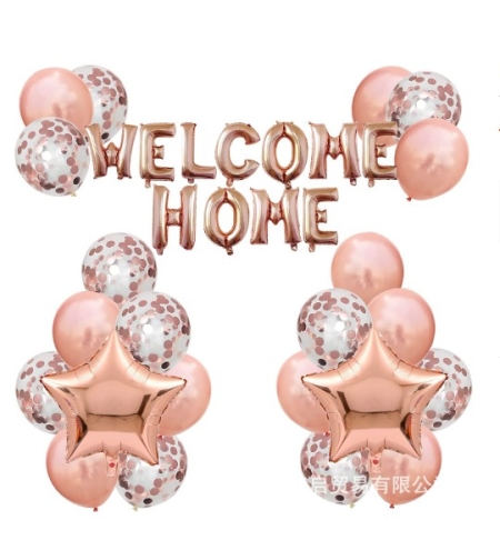 Set baloane folie si latex, Flippy, WELCOME HOME, 22 de piese, 20 baloane latex, 2 baloane stea Folie, 1 set Welcome Home, Rose gold metalic